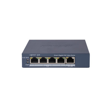 Switch PoE Gigabit Administrable Hikvision DS-3E1505P-EI – 4 Puertos PoE + 1 Uplink, 60W, VLAN, Alarma, Largo Alcance