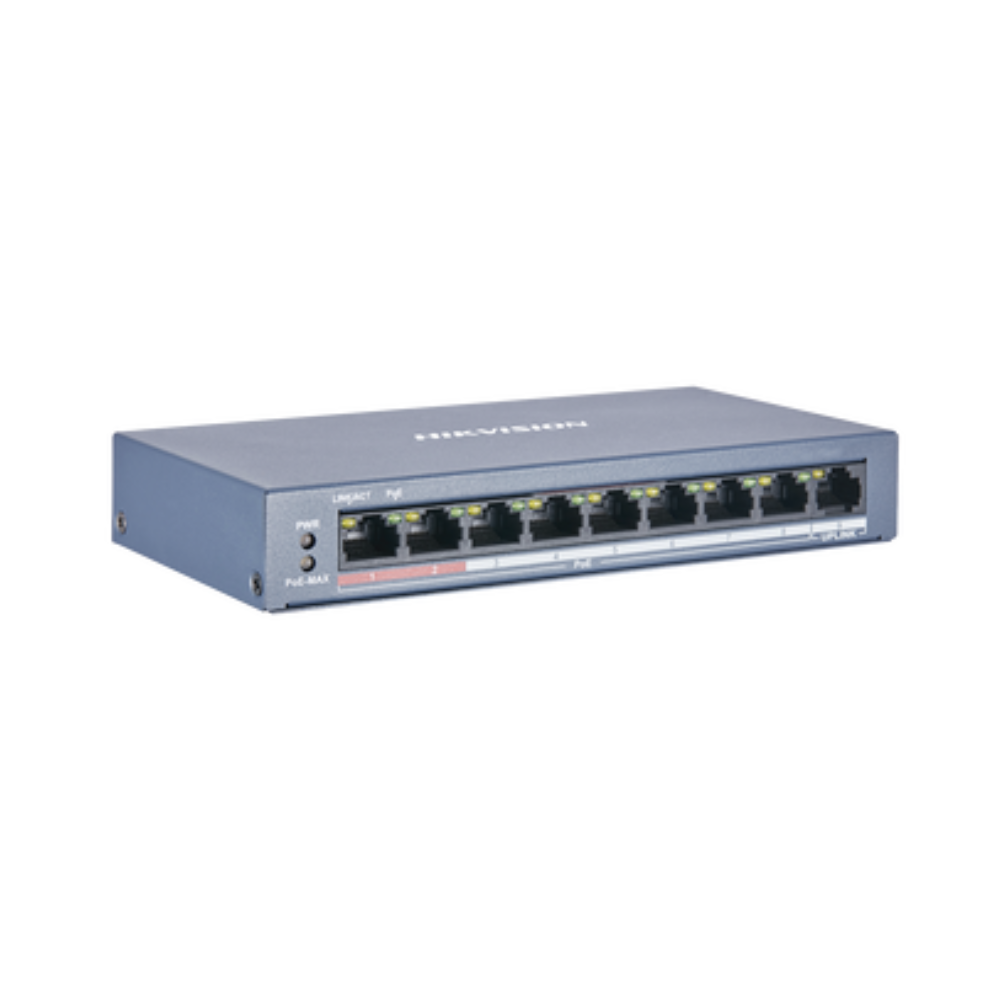 Switch PoE+ No Administrable Hikvision DS-3E0109P-EM(B) – 8 Puertos 10/100 Mbps, 1 Puerto Uplink 100 Mbps, Potencia PoE hasta 60W