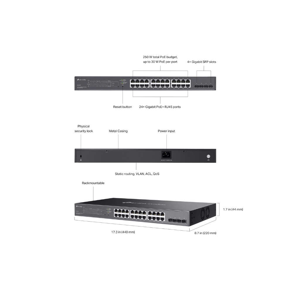 Switch Administrable TP-Link TL-SG2428P – 24 Puertos Gigabit PoE+, 4 Puertos SFP, 250W, Capa 3 Lite, VLAN, Enrutamiento Estático