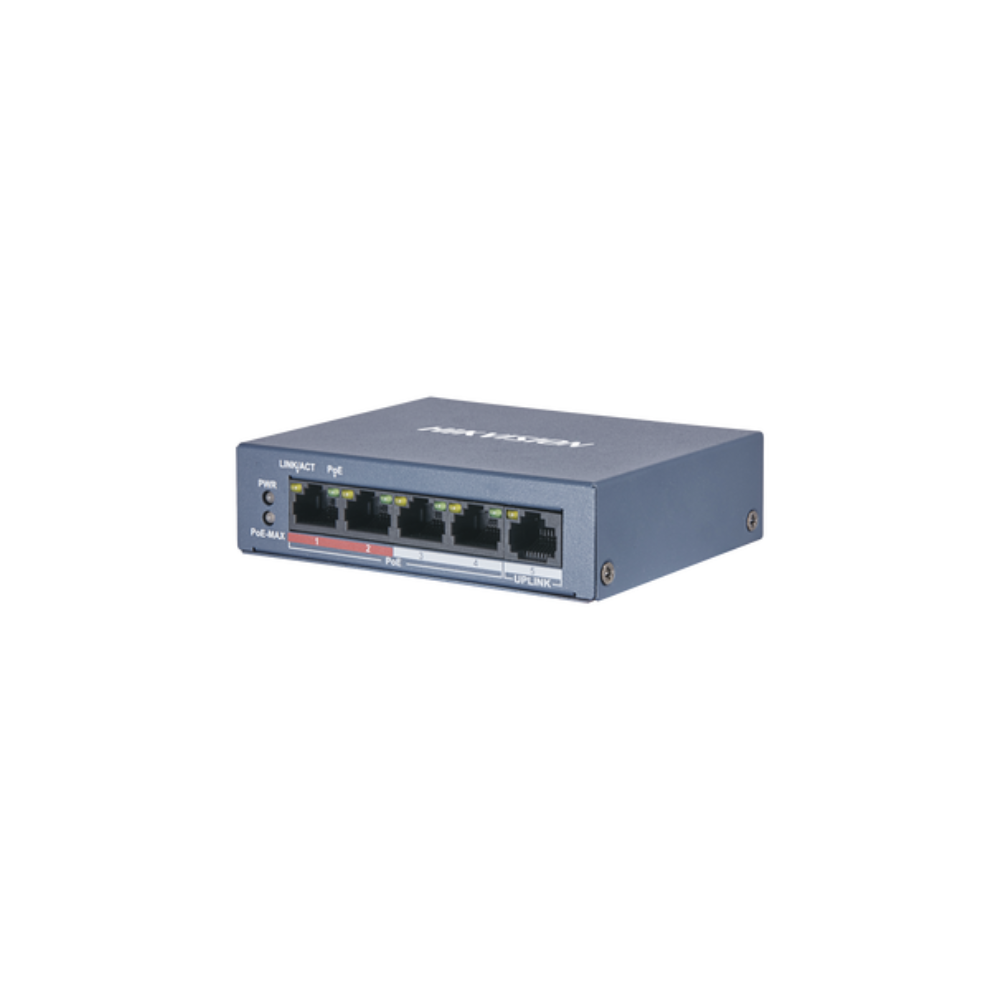 Switch Hikvision DS-3E0105P-EM(B) – 5 Puertos PoE+ Gigabit, 4 Puertos PoE, Fuente 65W, Gestión de Red