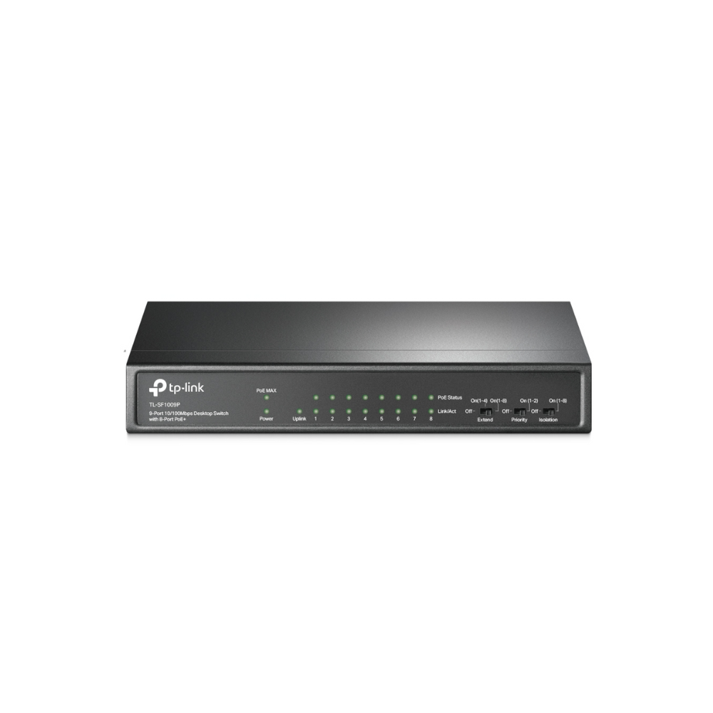 Switch TP-Link TL-SF1009P – 9 Puertos RJ45 10/100 Mbps, 8 Puertos PoE+, Alimentación y Transferencia de Datos