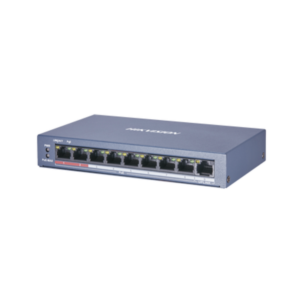 Switch PoE+ No Administrable Hikvision DS-3E0109P-EM(B) – 8 Puertos 10/100 Mbps, 1 Puerto Uplink 100 Mbps, Potencia PoE hasta 60W