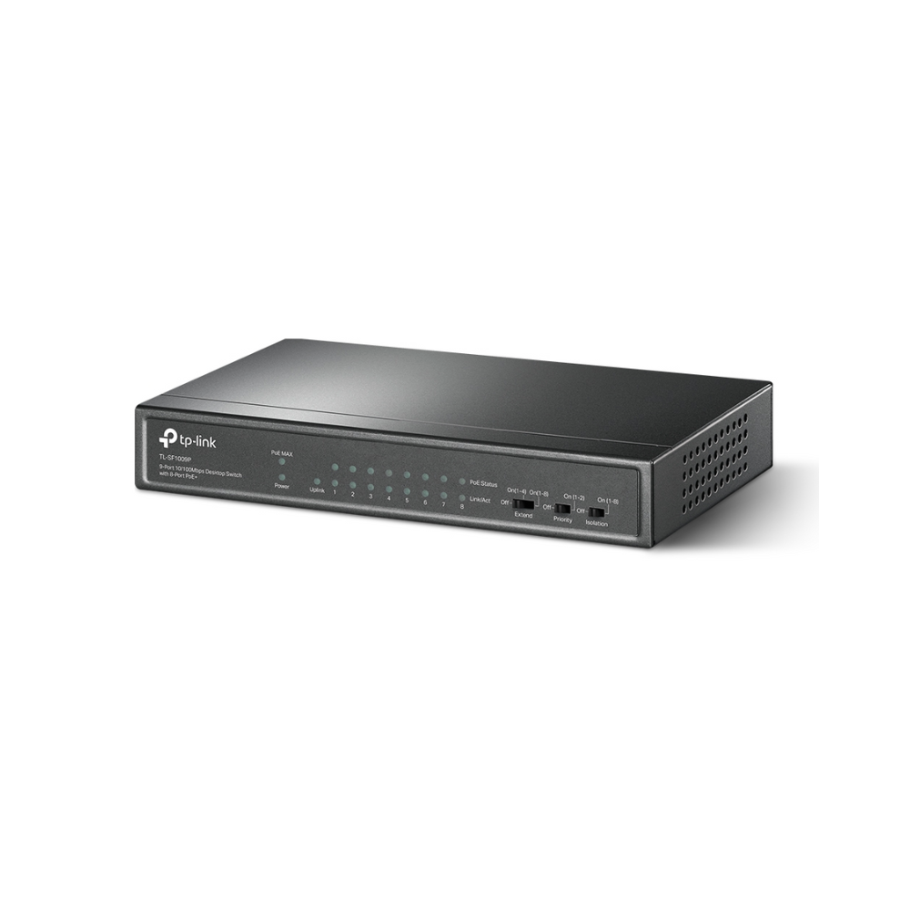 Switch TP-Link TL-SF1009P – 9 Puertos RJ45 10/100 Mbps, 8 Puertos PoE+, Alimentación y Transferencia de Datos