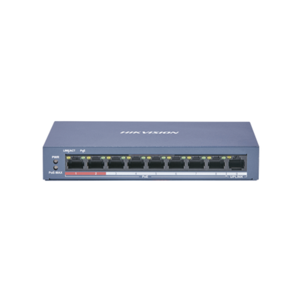 Switch PoE+ No Administrable Hikvision DS-3E0109P-EM(B) – 8 Puertos 10/100 Mbps, 1 Puerto Uplink 100 Mbps, Potencia PoE hasta 60W