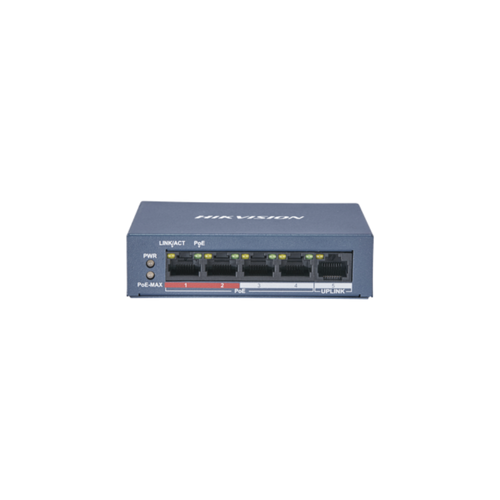 Switch Hikvision DS-3E0105P-EM(B) – 5 Puertos PoE+ Gigabit, 4 Puertos PoE, Fuente 65W, Gestión de Red