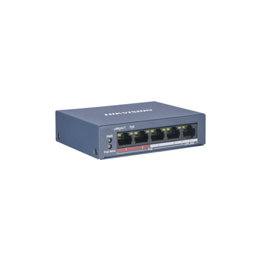 Switch Hikvision DS-3E0105P-EM(B) – 5 Puertos PoE+ Gigabit, 4 Puertos PoE, Fuente 65W, Gestión de Red