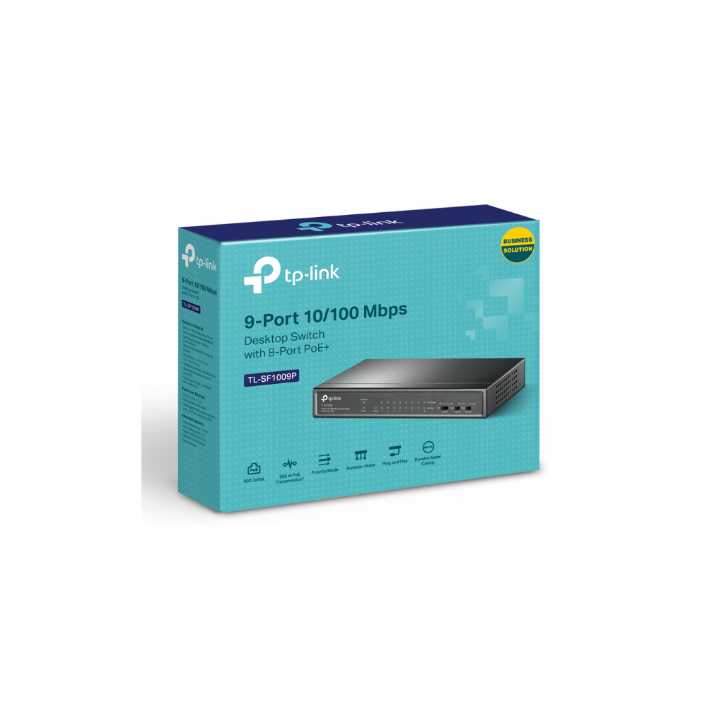 Switch TP-Link TL-SF1009P – 9 Puertos RJ45 10/100 Mbps, 8 Puertos PoE+, Alimentación y Transferencia de Datos