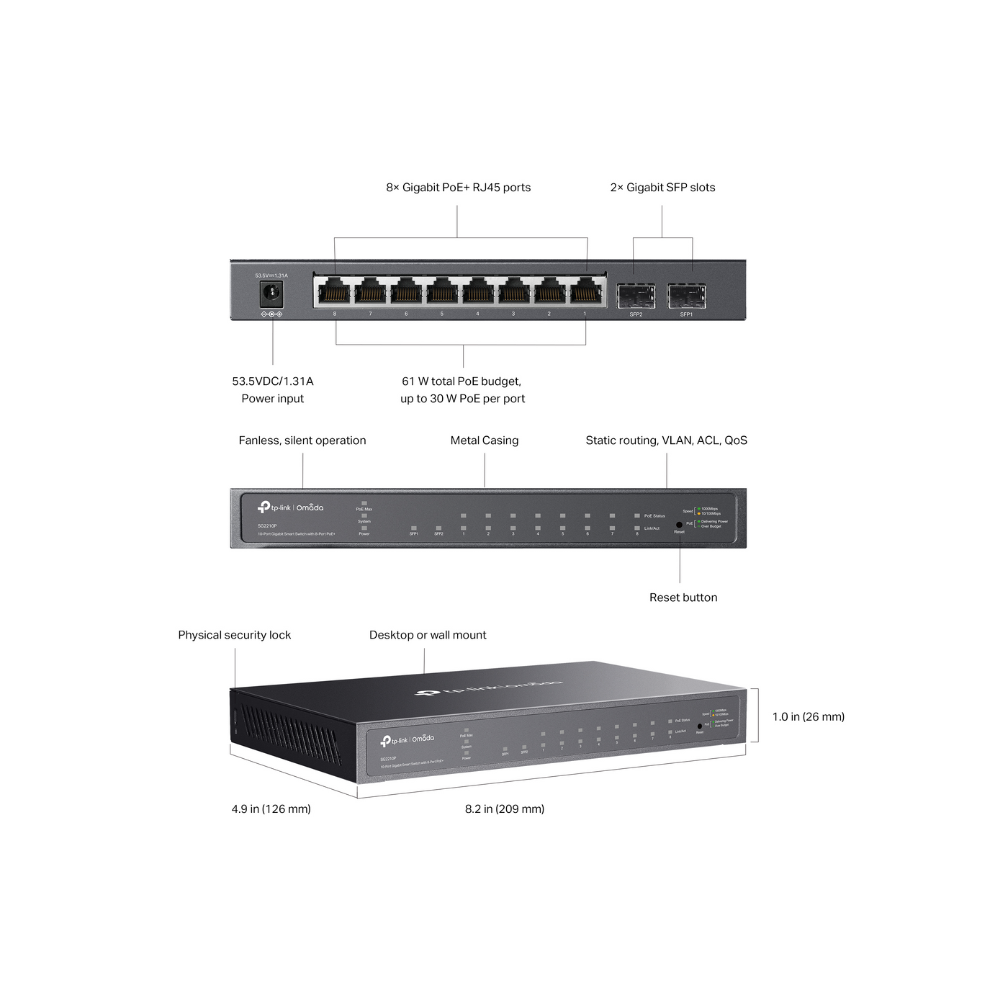Switch TP-Link TL-SG2210P Administrable Gigabit PoE de 8 Puertos + 2 SFP, 53W, VLAN, STP, IGMP