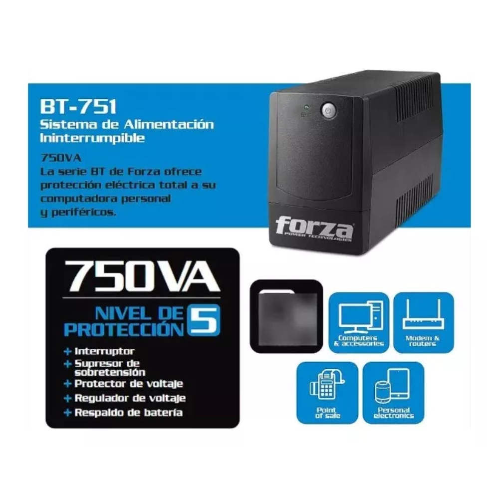 UPS FORZA BT-751 – UPS Interactivo 750VA / 450W, 4 Salidas, Protección Contra Sobretensiones, Pantalla LCD