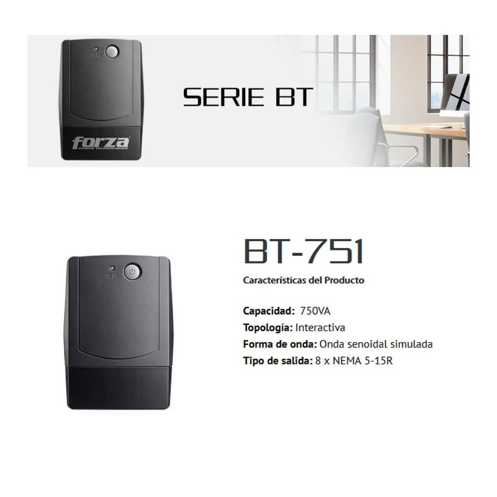 UPS FORZA BT-751 – UPS Interactivo 750VA / 450W, 4 Salidas, Protección Contra Sobretensiones, Pantalla LCD