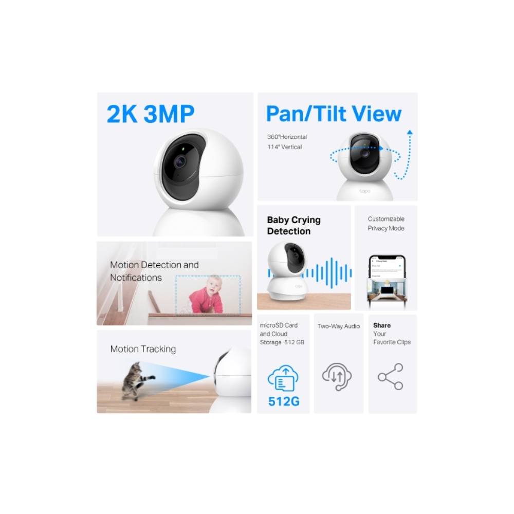 Cámara de Seguridad Wi-Fi TP-Link Tapo C210 – 3MP Pan/Tilt, Visión Nocturna, Audio Bidireccional, Almacenamiento Local, Compatible con Alexa y Google Assistant