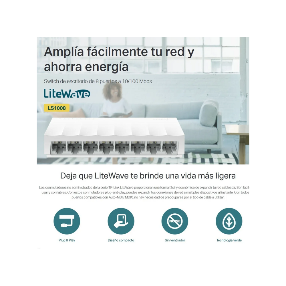 Switch de Escritorio TP-Link LS1008 – 8 Puertos RJ45 10/100 Mbps, Carcasa Plástica, Plug & Play