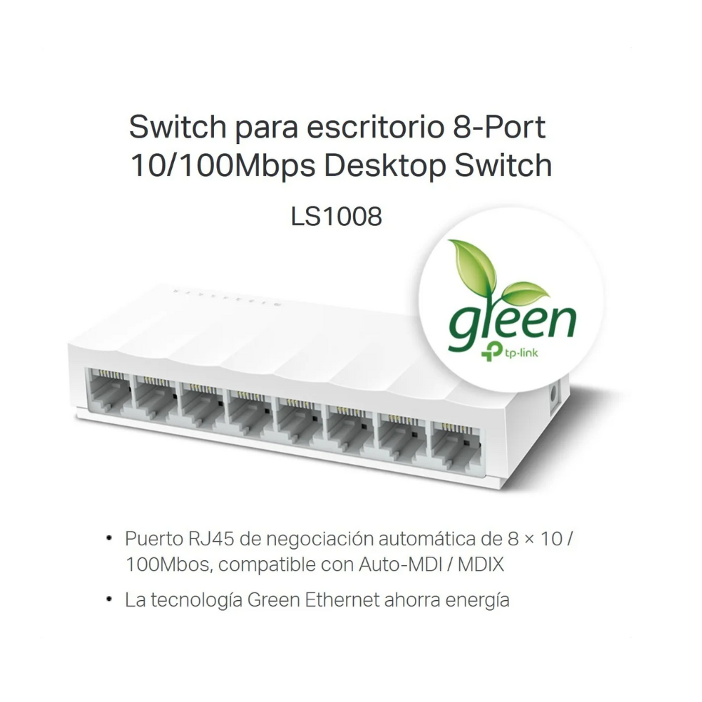 Switch de Escritorio TP-Link LS1008 – 8 Puertos RJ45 10/100 Mbps, Carcasa Plástica, Plug & Play