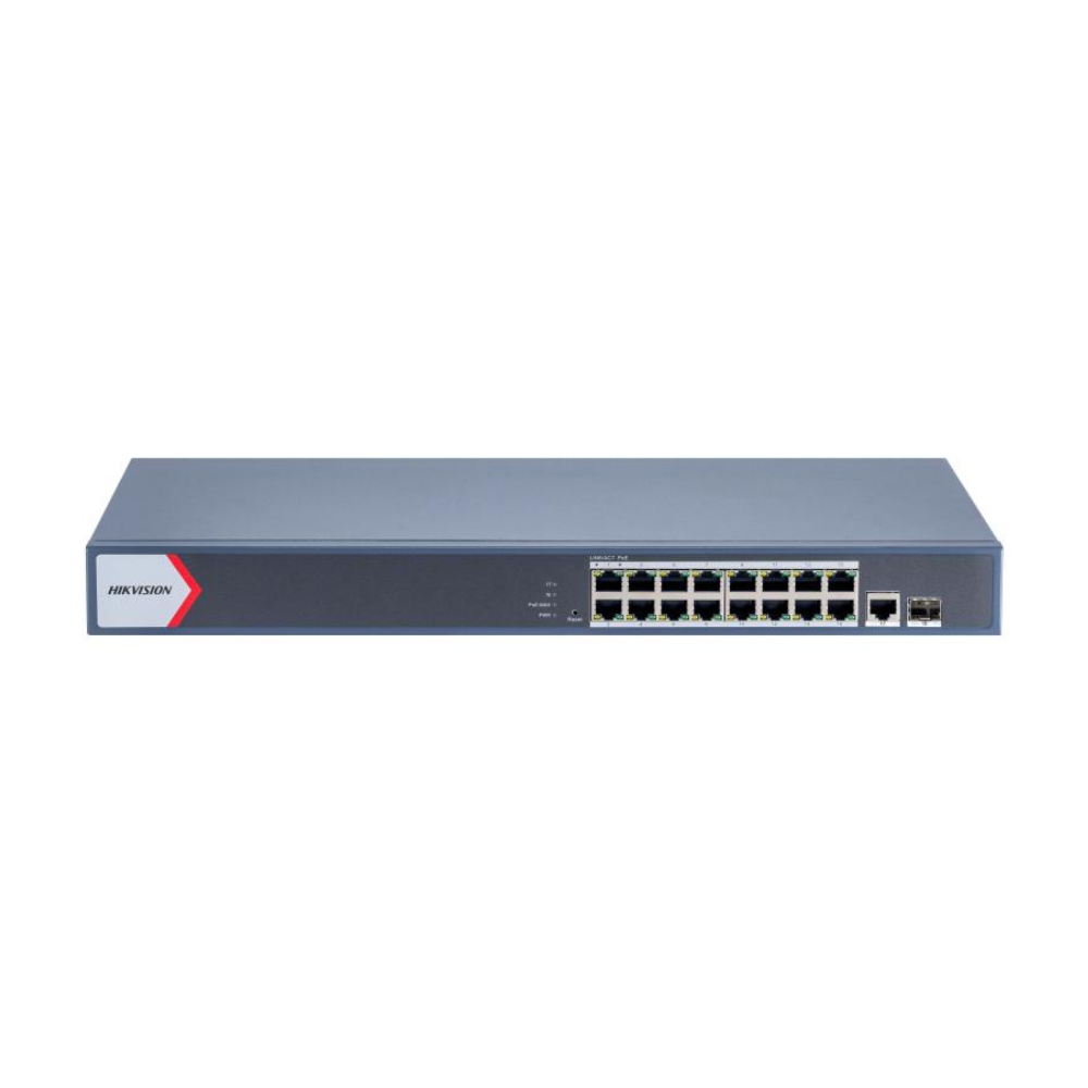 Switch PoE Administrado Hikvision DS-3E1518P-EI/M – 16 Puertos Gigabit PoE+, 1 Puerto RJ45, 1 Puerto SFP, 230W, Gestión Inteligente